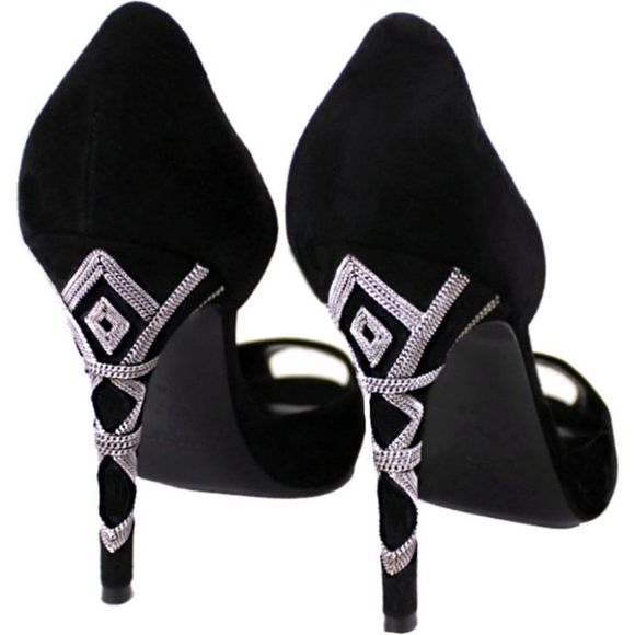 RALPH LAUREN PURPLE LABEL Suede Peep Toe Stilettos w/Silver Metal Chain - Picture 2 of 7